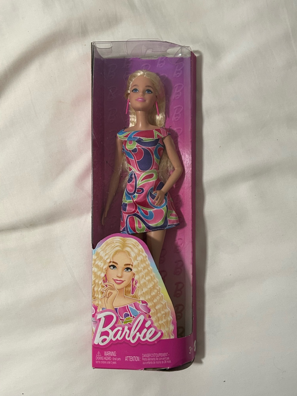 Mattel Barbie Doll with Multicolor Retro Print Dress (Pink, Blue, Green)